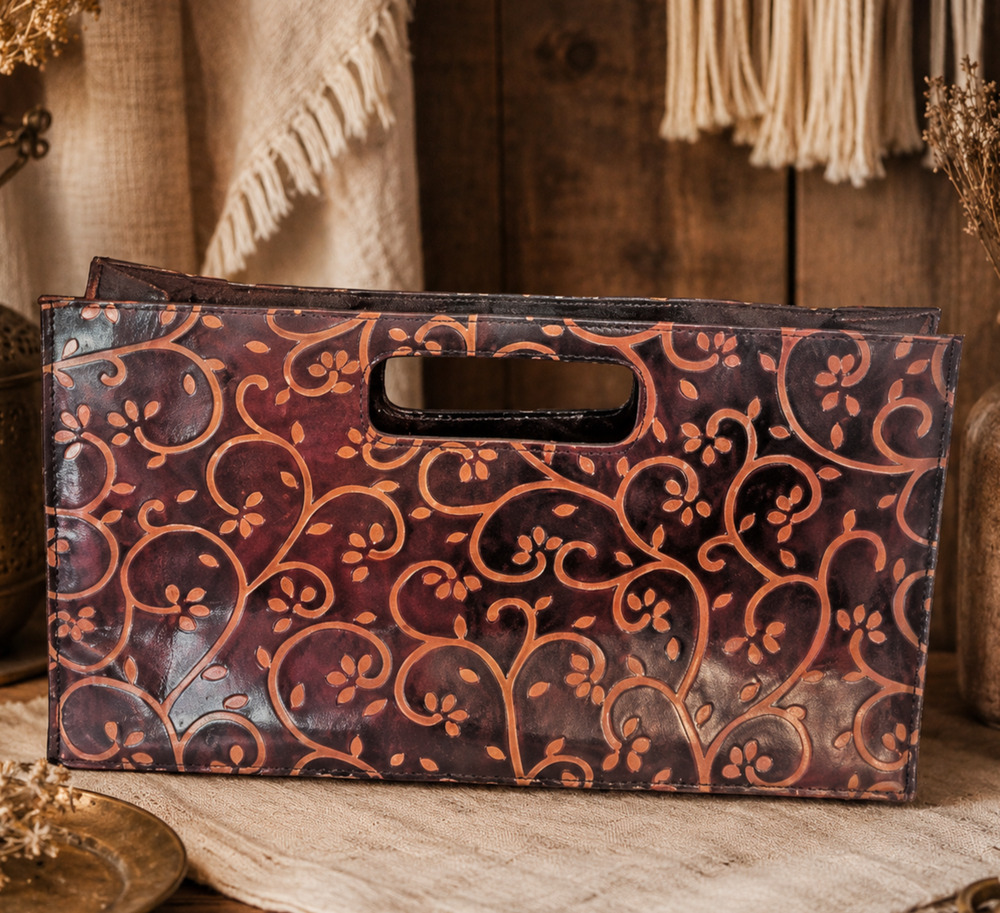 Hand Tooled Leather Collapsible Travel Tote Purse 14” Brown Floral Boho India